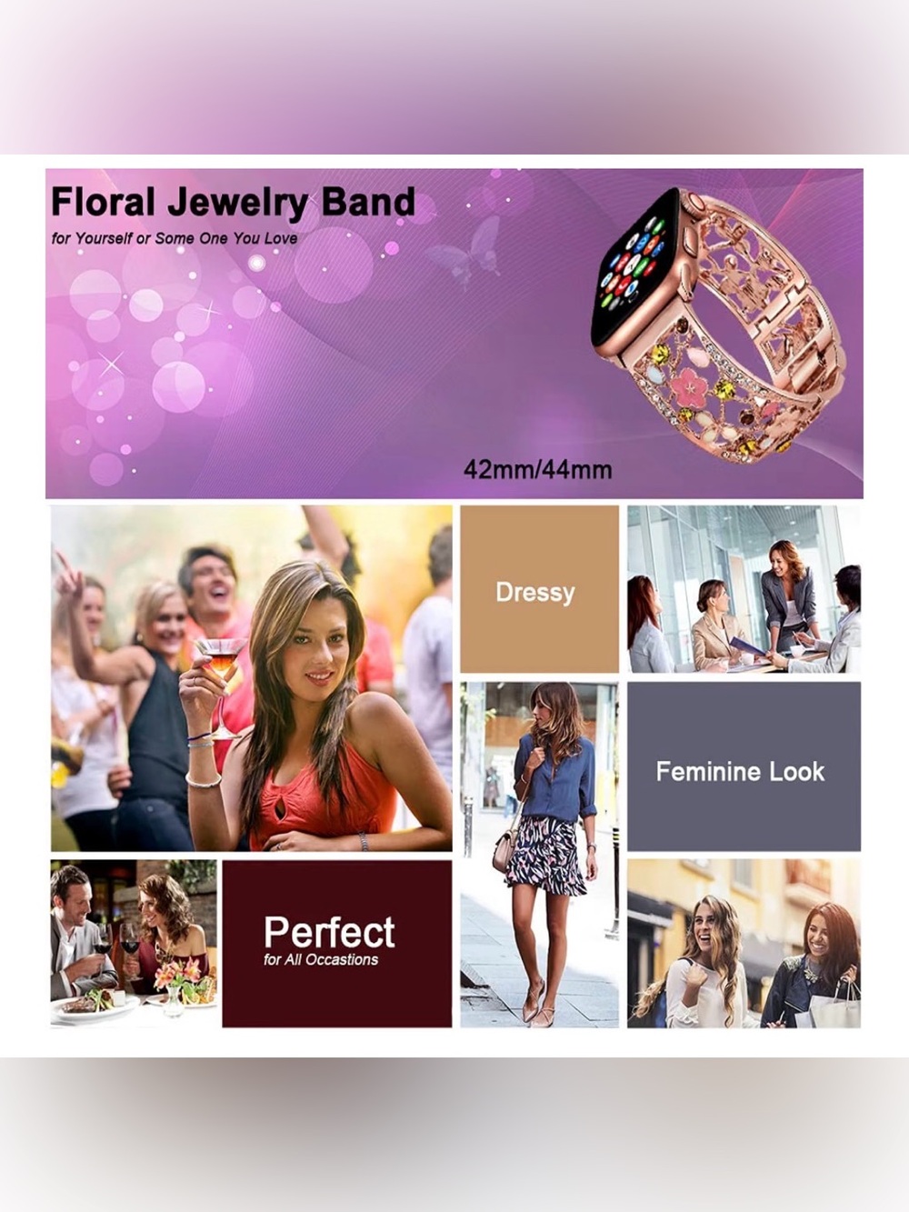 Rose Gold Floral Crystal Apple Watch Band 42/44/45/46/49mm series 11/10/9/8/7 - Picture 10 of 10
